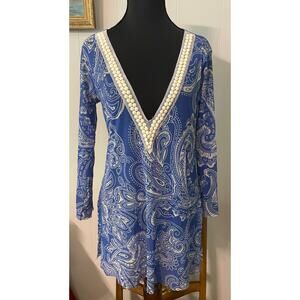 Weston Wear Sheer Blue Paisley‎ Bead Trim Deep V-Neck Beach Dress Swim Cover (L)